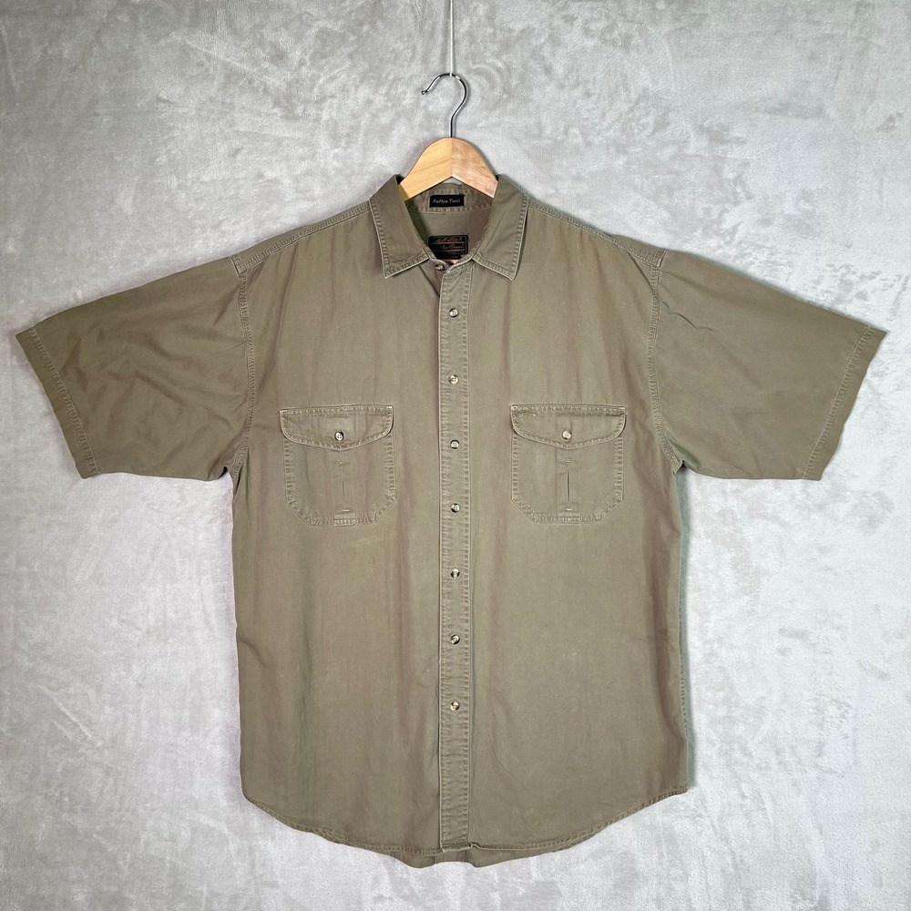Vintage 90s Eddie Bauer Shirt Rufton Twill Faded Tan Short Sleeve Button Up